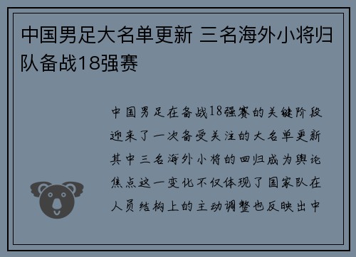 中国男足大名单更新 三名海外小将归队备战18强赛 中国男足大名单更新 三名海外小将归队备战18强赛